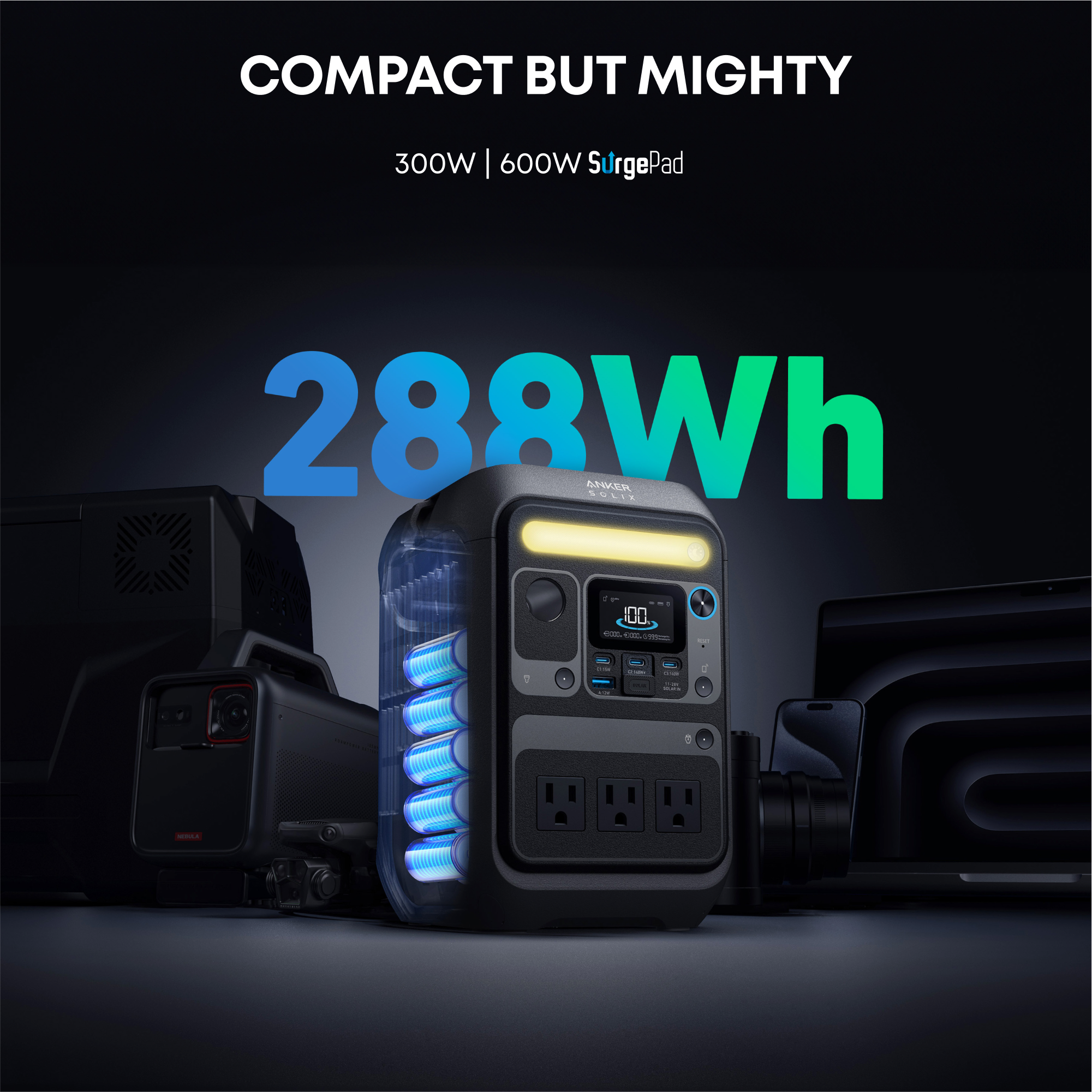 Anker SOLIX C300X 288Wh 2-In-1 Solar Generator w/ 60W Book-Size Solar Panel